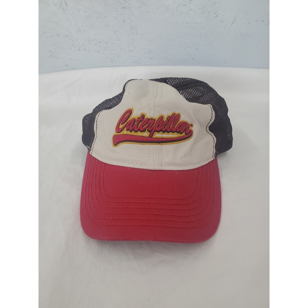 Caterpillar CAT Trucker Hat Red Cream Brown Mesh Snapback Logo Cap